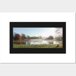 Lake, autumn mood, ground fog, hoarfrost, trees, landscape, Fischerhude, Lower Saxony, Germany Posters and Art